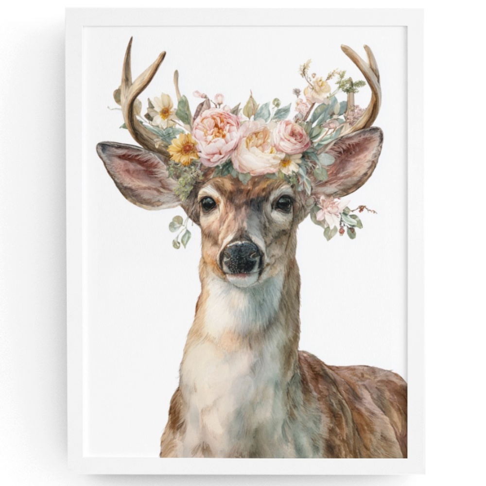 Watercolor Deer with Flower Wreath Illustration Wall Art Print Poster, Unframed